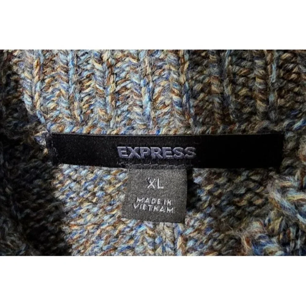 Express Mens Cardigan Sz XL Full Zip Chunky Knit Stretch Mock Neck Wool Blend